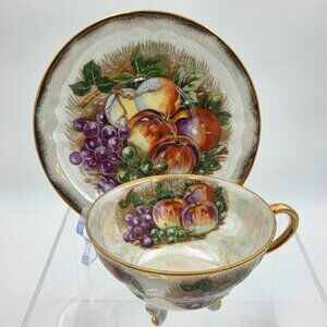 Royal Sealy Japan Lusterware Teacup Saucer Grapes Apples Gold Trim